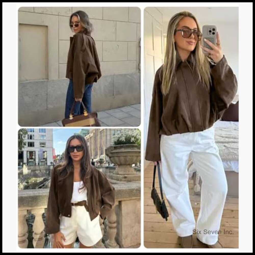 Faux Suede Bomber Jacket Oversized Cropped Pilot Coat - Picture 5 of 7